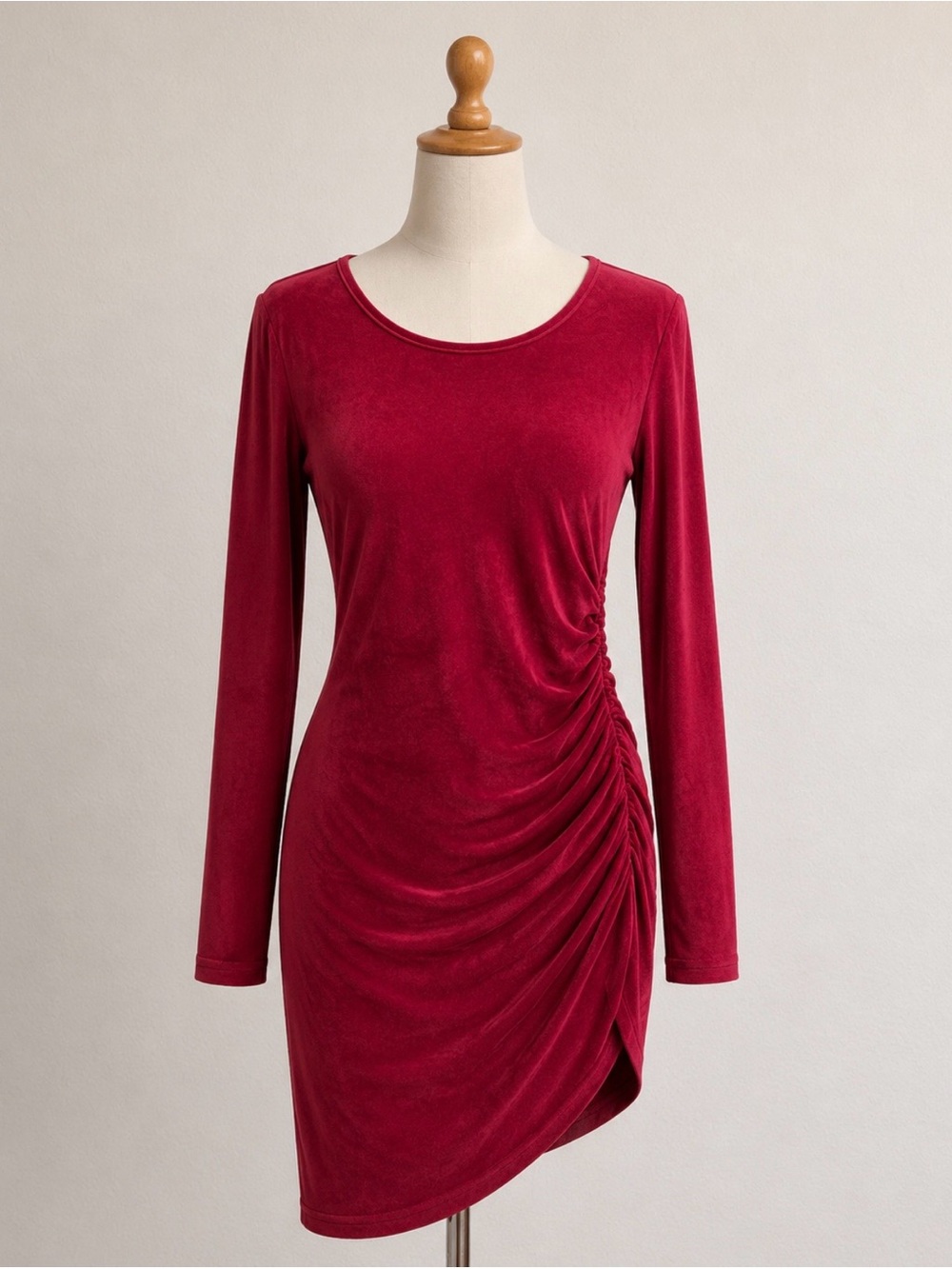 Faux Velvet Ruched Long-Sleeve Dress